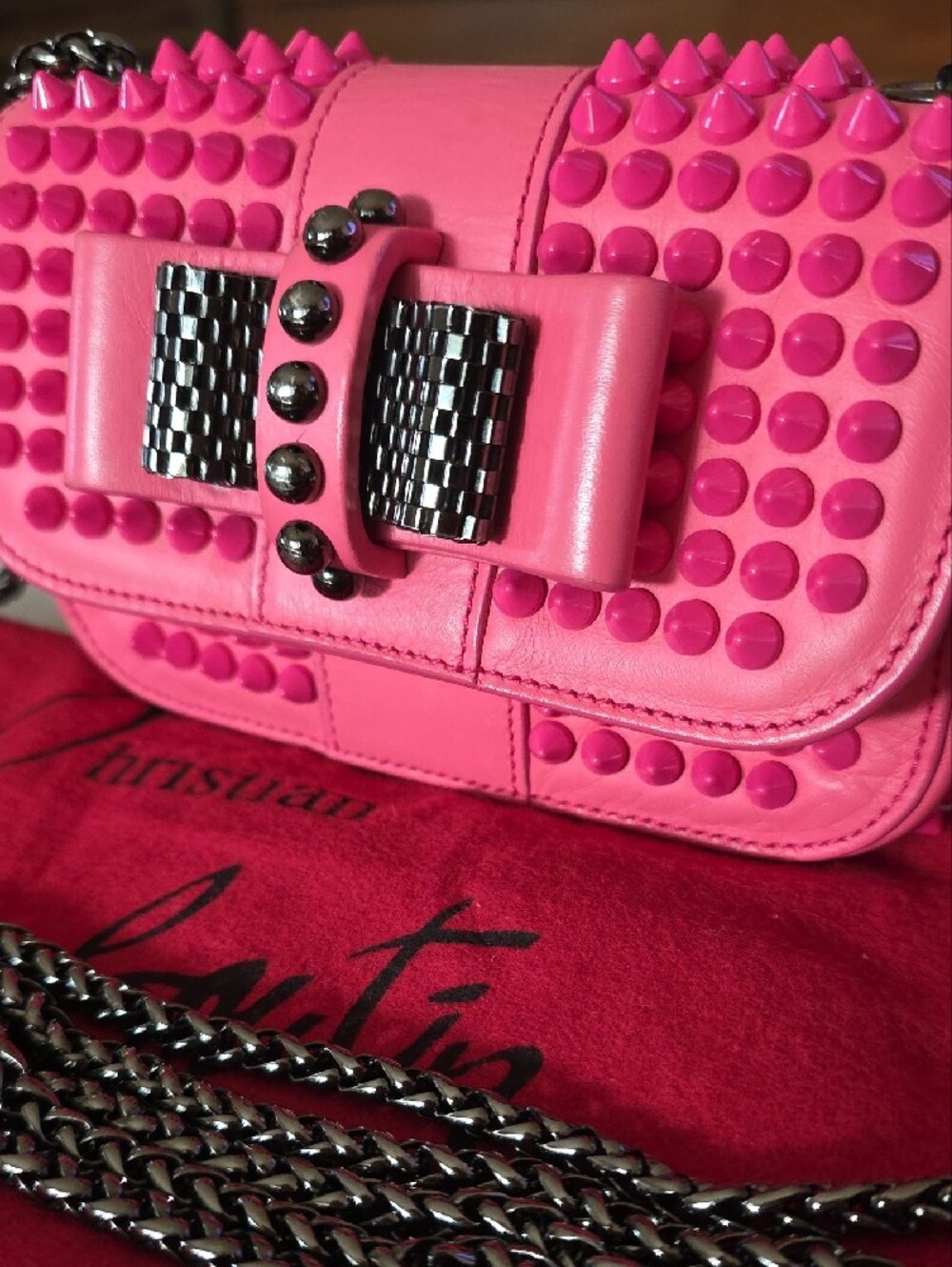 Christian Louboutin "Sweet Charity" Hot Pink Spike-Trim Bow Crossbody Bag 💖 - Picture 4 of 17